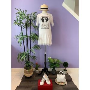 Italian embellished Logo Print Dress with Lace hem